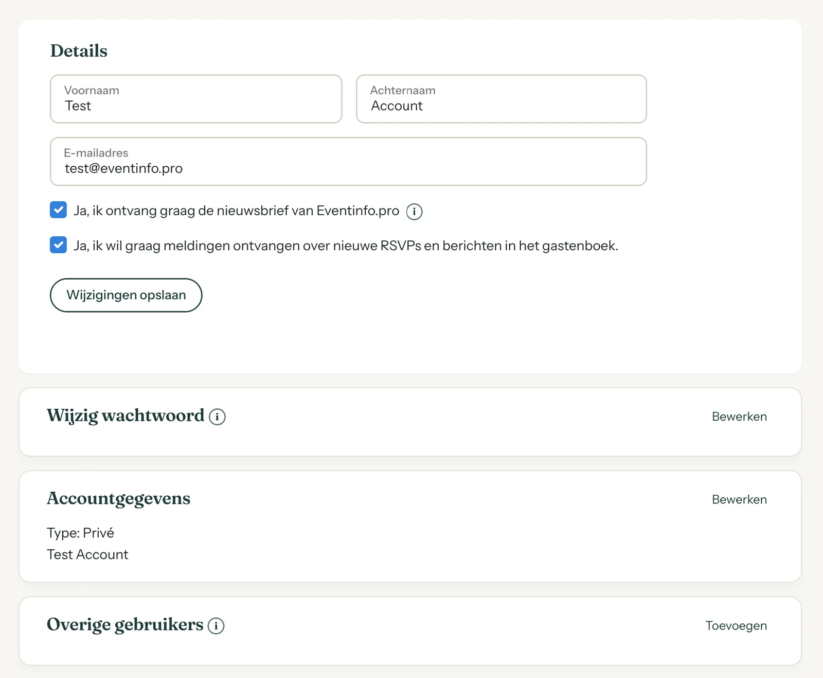De pagina Account met de vinkjes voor de nieuwsbrief en voor meldingen