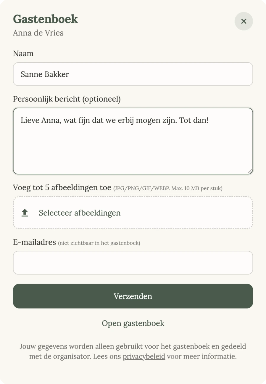 Het gastenboekvenster met naam, bericht, de knop Selecteer afbeeldingen en het e-mailadres