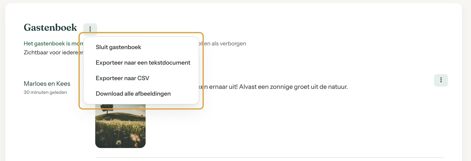 Het menu van het gastenboek met bovenaan Sluit gastenboek