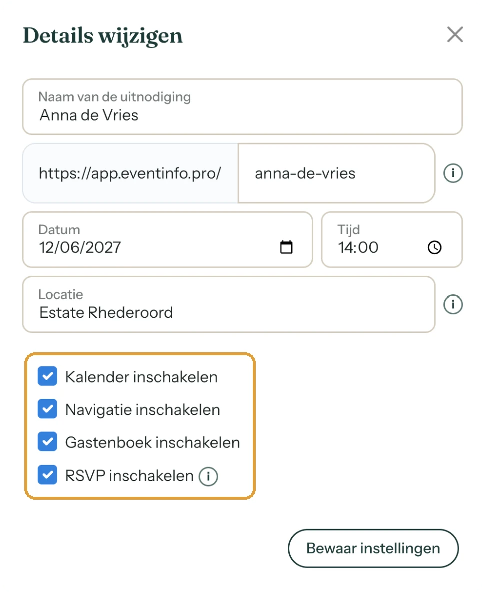 Het venster Details wijzigen met het veld Locatie en het vinkje Navigatie inschakelen
