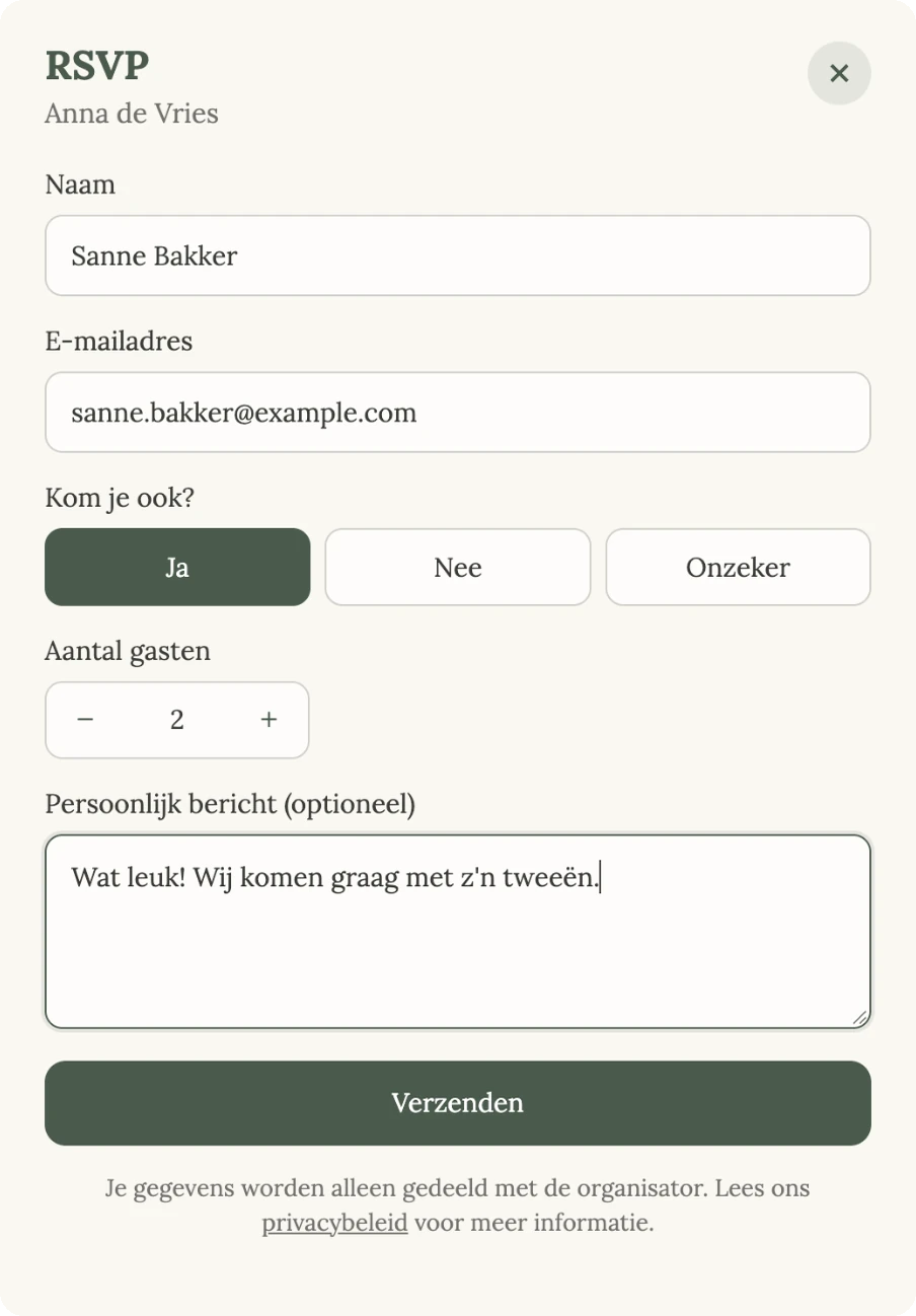 Het RSVP-venster met Naam, E-mailadres, de keuze Ja, Nee of Onzeker en een persoonlijk bericht