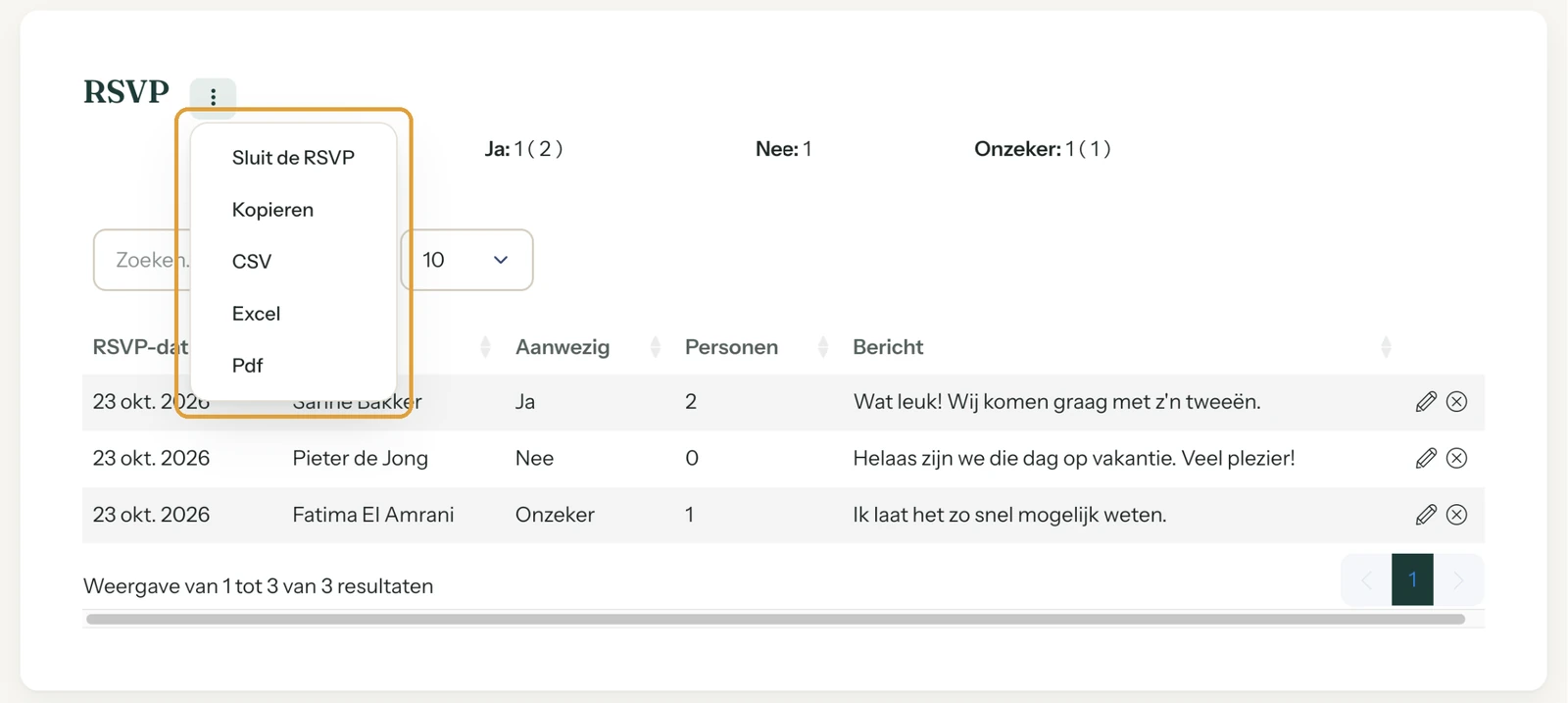 Het menu op de RSVP-pagina met bovenaan Sluit de RSVP