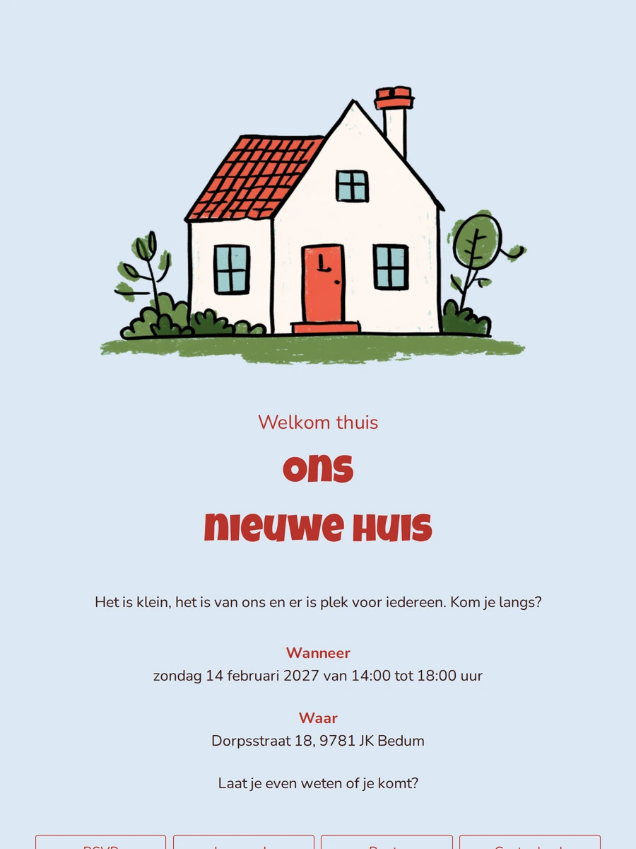Blauwe uitnodiging voor ons nieuwe huis