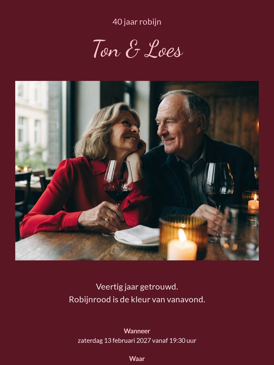 Robijnen jubileumkaart met kaarslicht en wijn