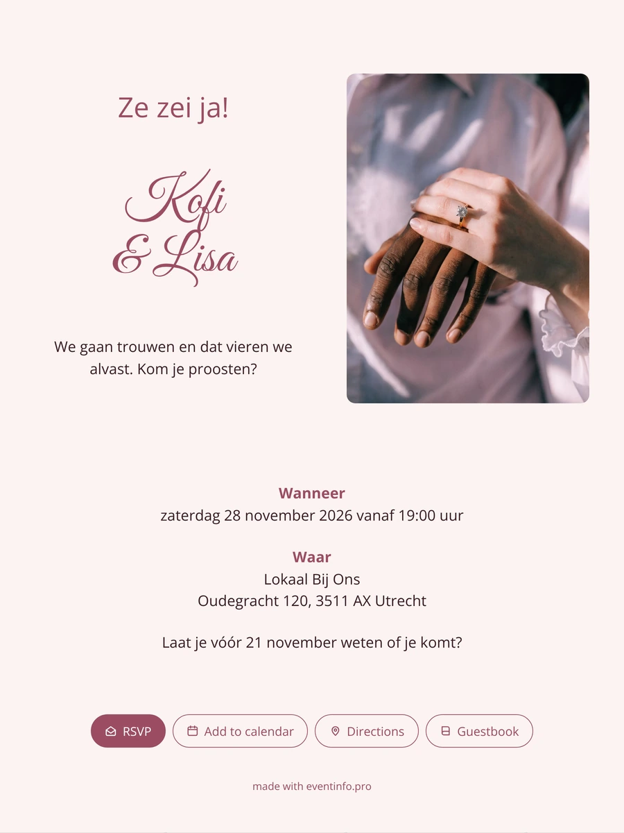 Roze verlovingskaart met close-up ringfoto