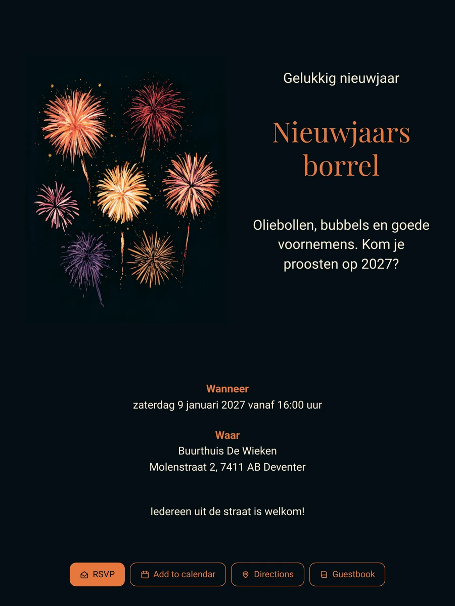 Nieuwjaarsborrel-uitnodiging met kleurrijk vuurwerk